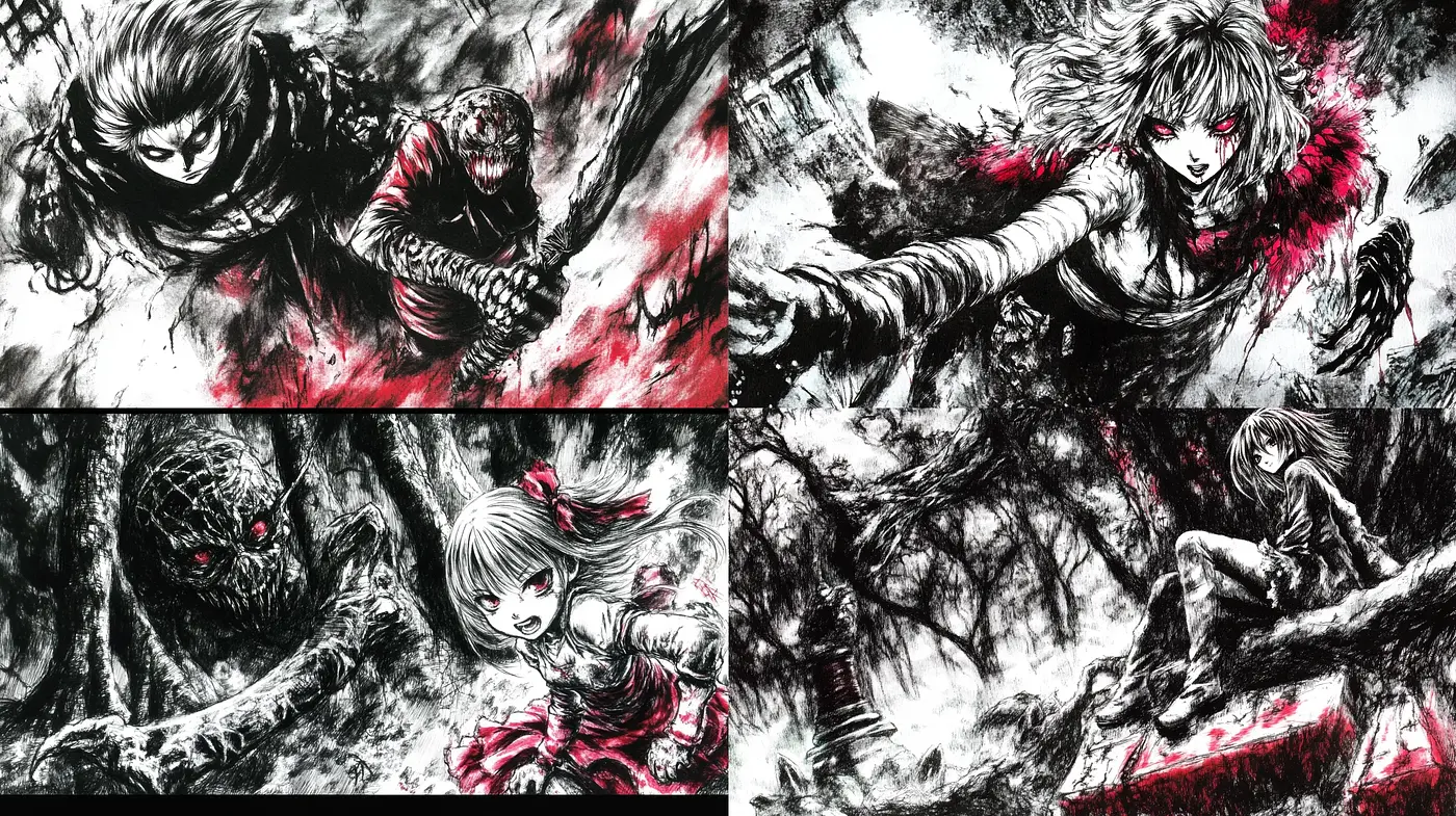 Gothic Energy in Monochrome with Crimson Accents - Midjourney sref style