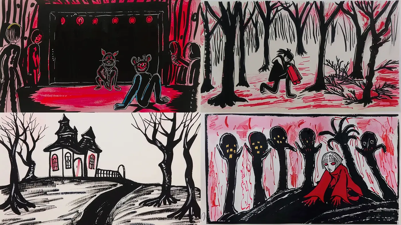 Eerie Monochrome Tales with a Splash of Crimson - Midjourney sref style