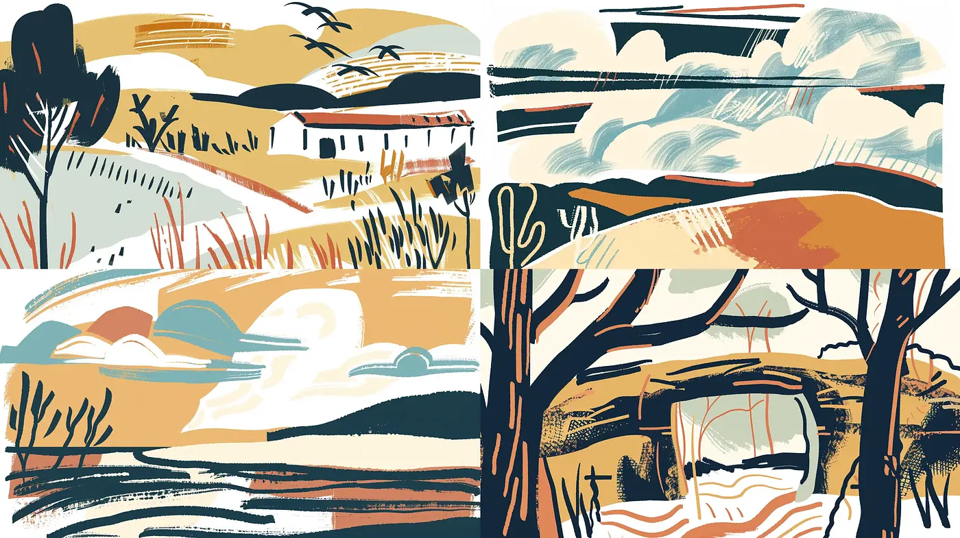 Retro Stylized Landscape Impressions with a Mid-Century Modern Twist - Midjourney sref style