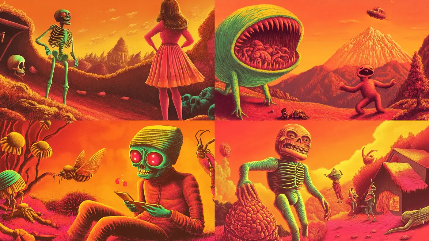 Surreal Retrofuturism with a Psychedelic Twilight Ambience - Midjourney sref style
