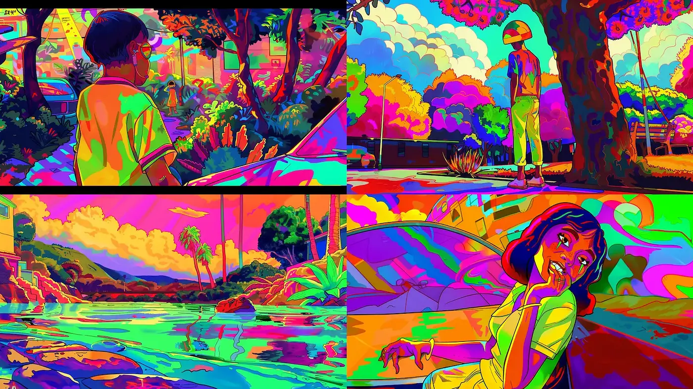 Vivid and Playful Visual Narrative with Surreal Overtones - Midjourney sref style