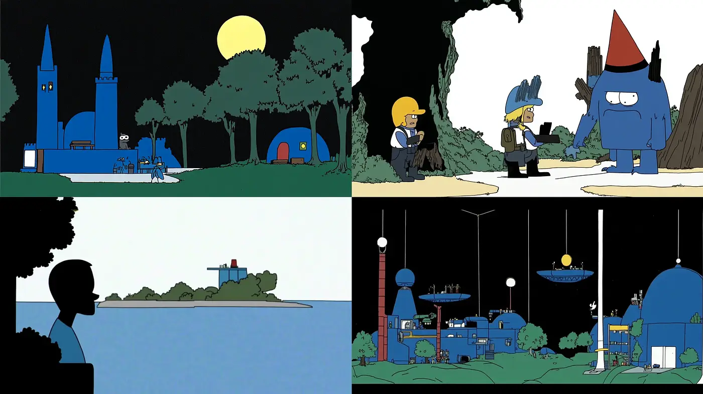 Nocturnal Fantasy with Silhouetted Animation Influence - Midjourney sref style