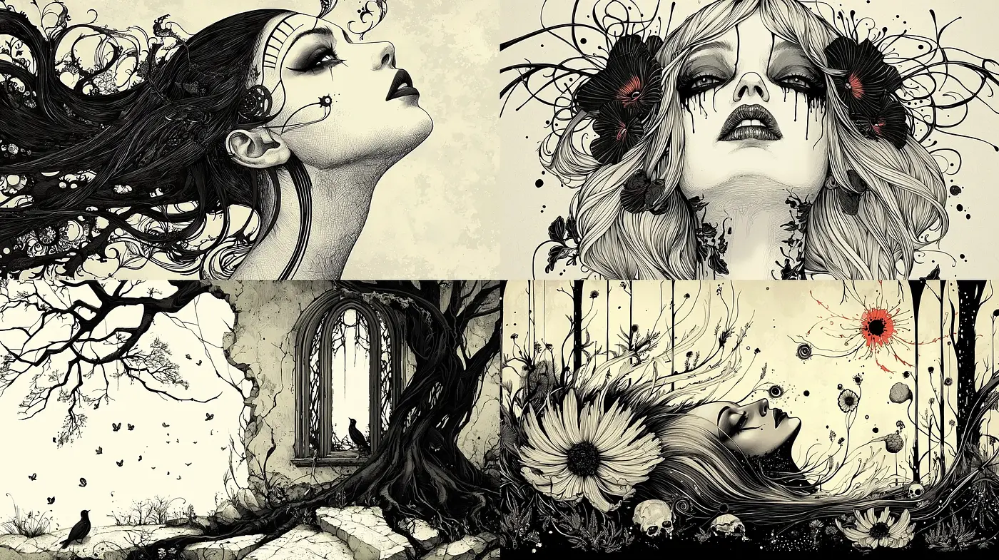 Monochromatic Dreamscape with Ethereal Blossom Accents - Midjourney sref style
