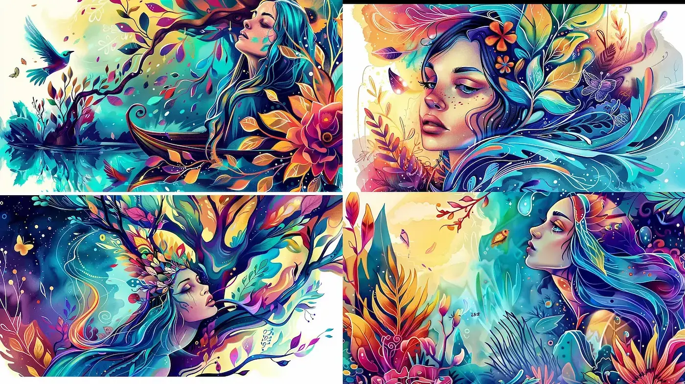 Vibrant and Whimsical Nature-Inspired Illustrations with Ethereal Qualities - Midjourney sref style