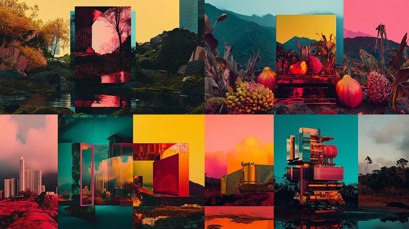 Chromatic Twilight Harmony: A Fusion of Surreal Landscapes and Urban Elements - Midjourney sref style