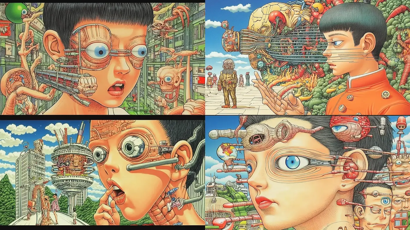 Surreal Mechanical Reverie: A Hyper-detailed Fusion of Man and Machine - Midjourney sref style