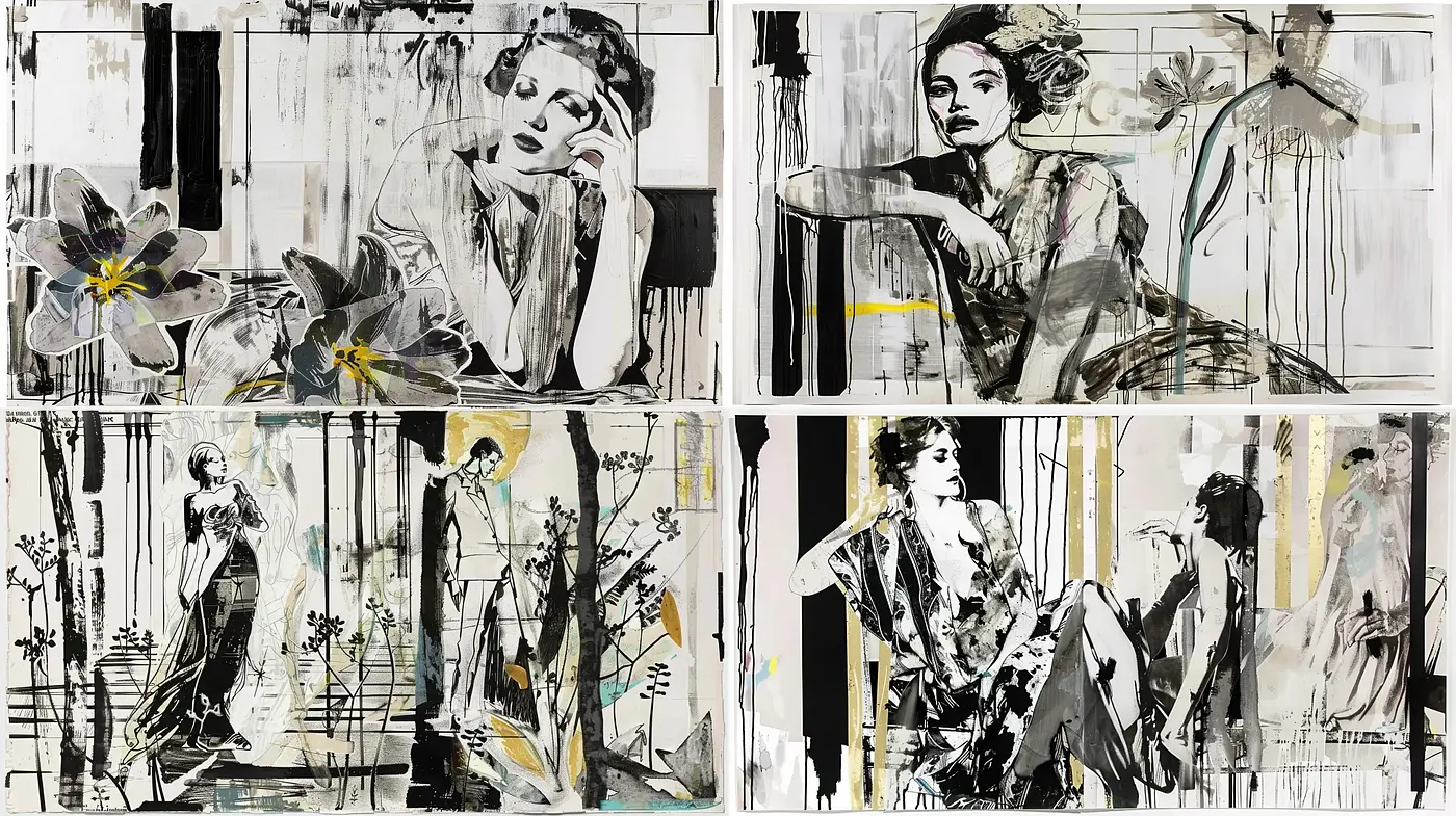 Abstract Expressionist Brushwork with Monochrome and Splashes of Color - Midjourney sref style