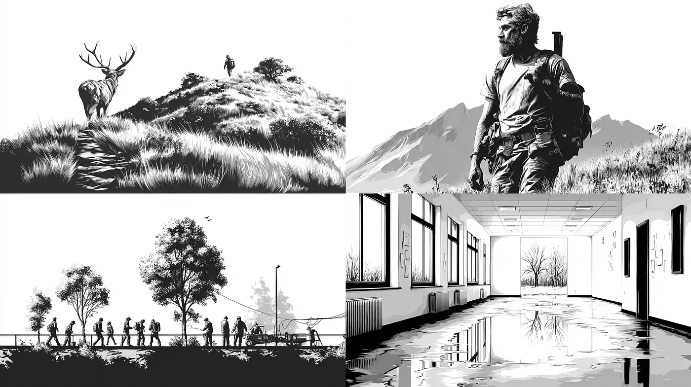 Monochromatic and Textured Scenes Depicting Nature and Humanity in Black and White - Midjourney sref style