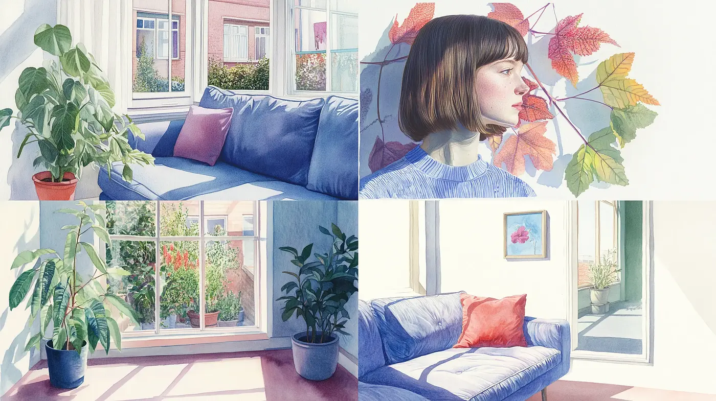 Consistent Serenity in Watercolor: A Study of Light and Botanical Harmony - Midjourney sref style