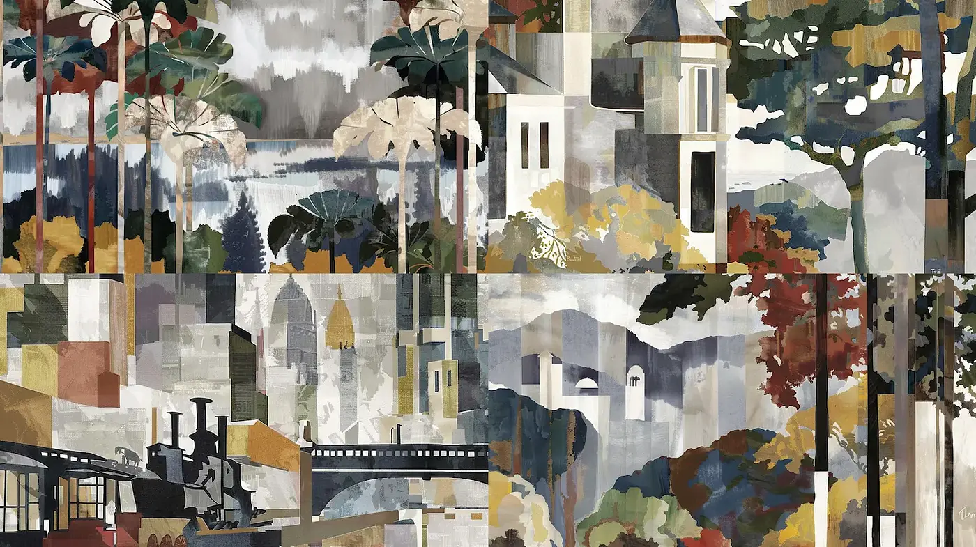 Stylized and Cohesive Landscape Art Reflecting Nature and Architecture - Midjourney sref style