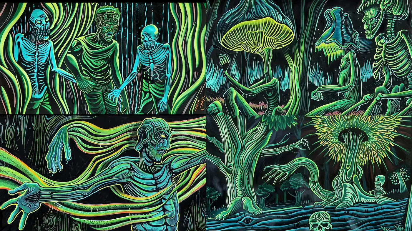 A Psychedelic Exploration of Shadows and Light with Organic Elements - Midjourney sref style