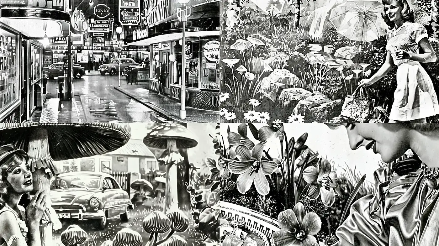 Retro-inspired visual narrative blending urban scenes with floral elements - Midjourney sref style