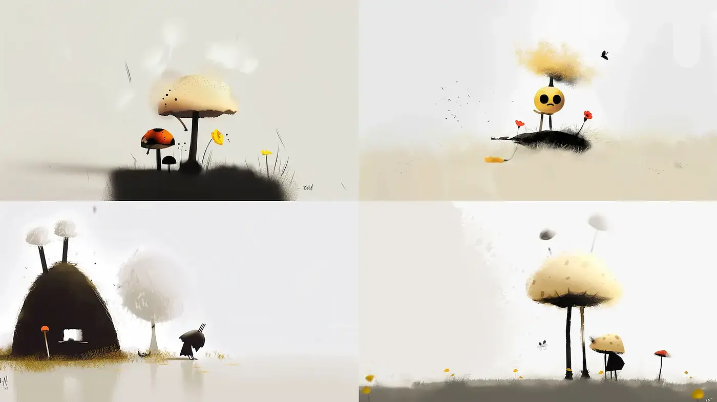 Whimsical Minimalist Landscape with Subtle Characters - Midjourney sref style