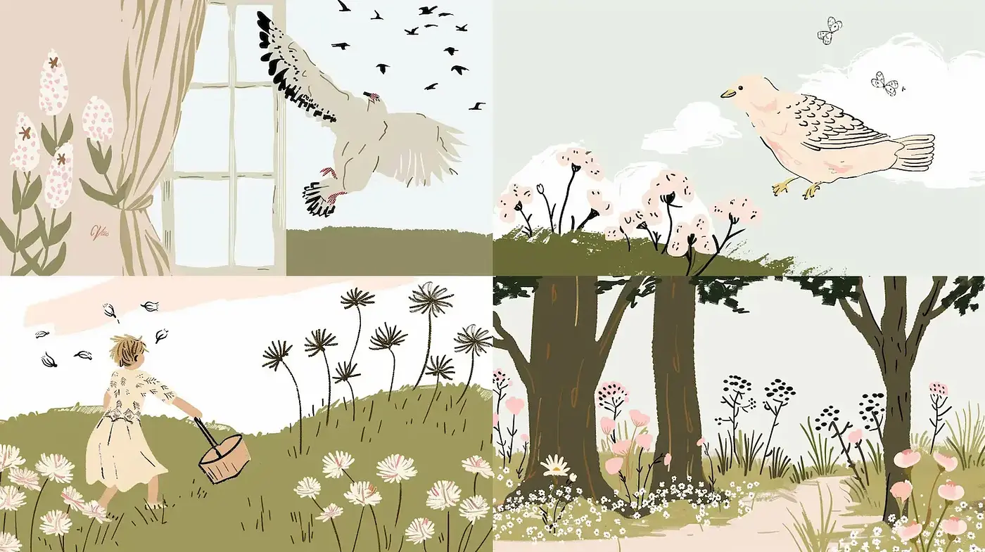 Whimsical Nature Scenes with Subtle Textures and Pastel Tones - Midjourney sref style