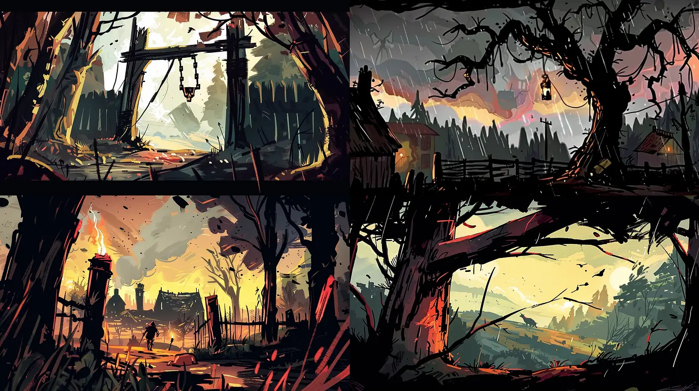 Evocative Twilight Transitions in Stylized Landscapes - Midjourney sref style