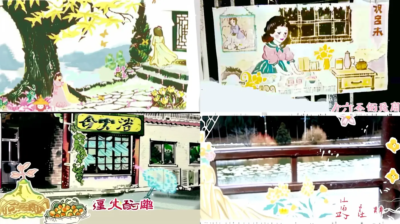 Retro Pastel Storybook Illustration Ensemble - Midjourney sref style