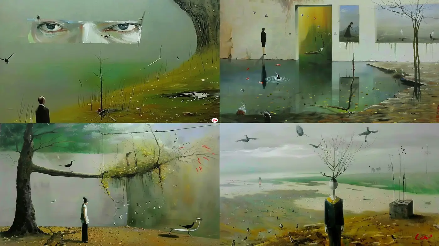 Melancholic Dreamscape: Surrealist Echoes in a Muted World - Midjourney sref style