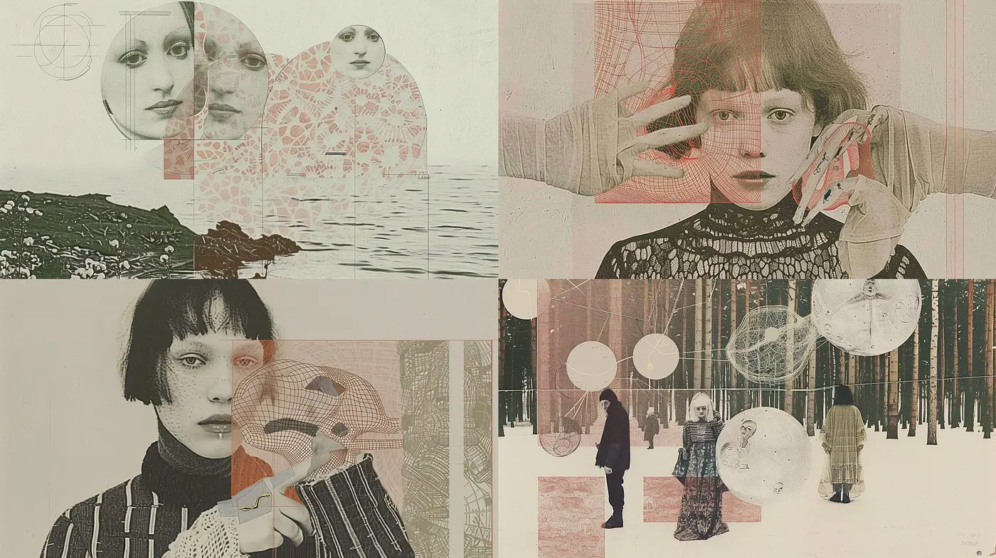 Ethereal Collage of Monochromatic Nostalgia with Geometric and Organic Contrasts - Midjourney sref style