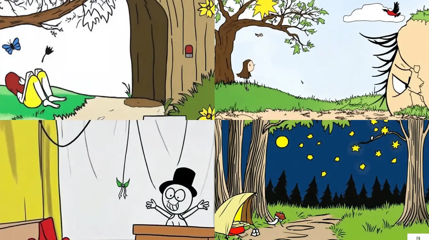 Consistent Whimsical Animation Style with Pastoral and Nocturnal Motifs - Midjourney sref style