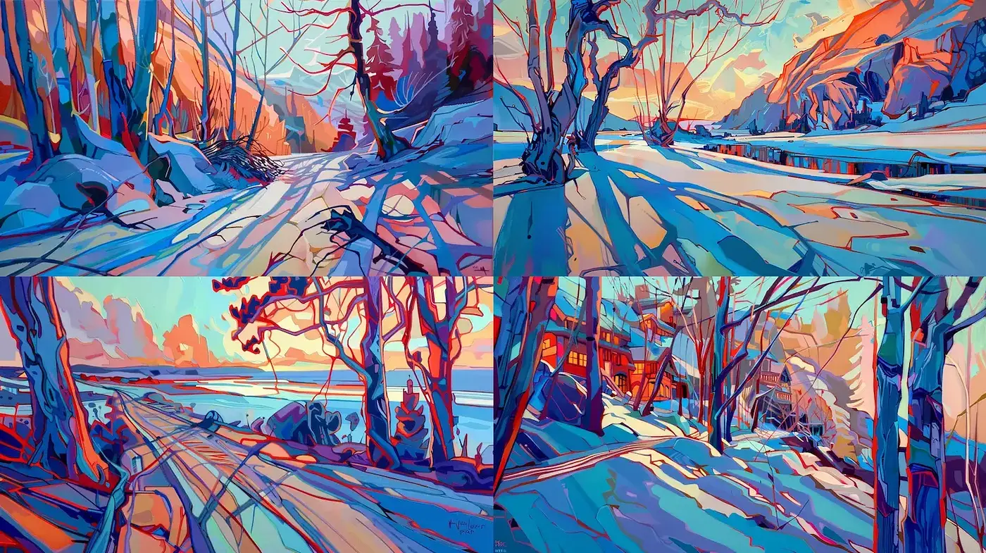 Saturated Hues of Stylized Winter Landscapes: A Bold Expressionist Panorama - Midjourney sref style