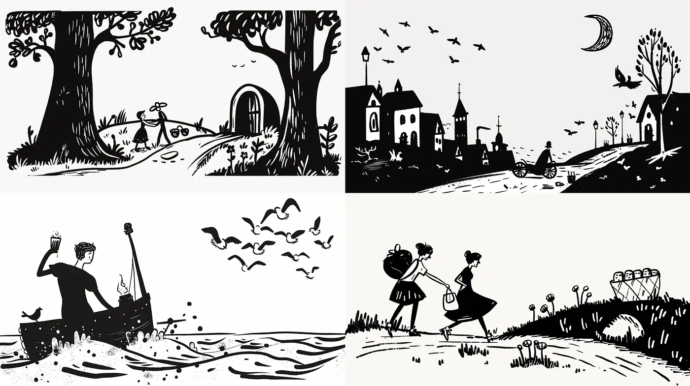 Silhouetted Storybook Vignettes with Whimsical Charm - Midjourney sref style