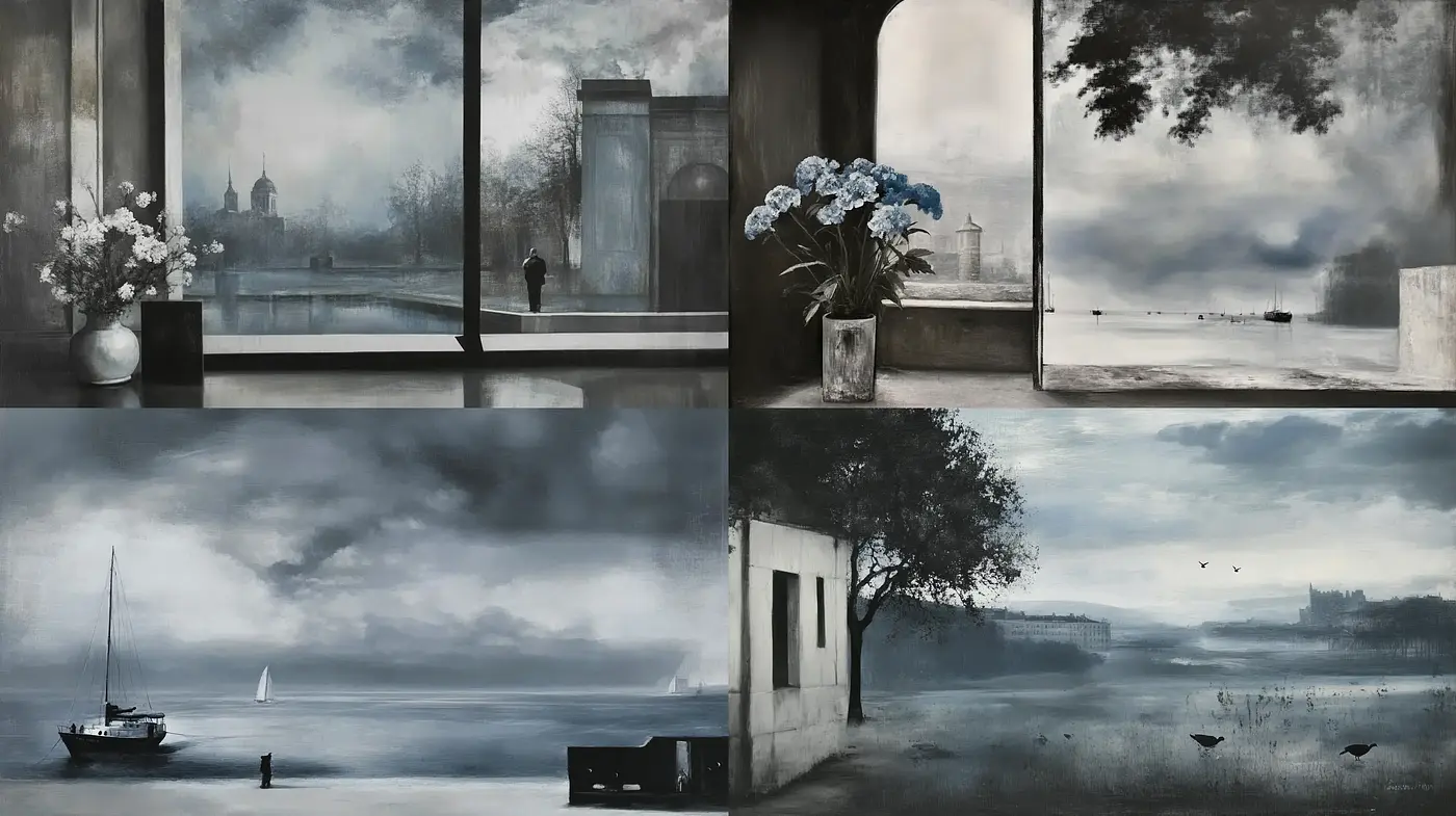 Ethereal Monochromatic Visions: A Homage to the Tranquility of Gray - Midjourney sref style
