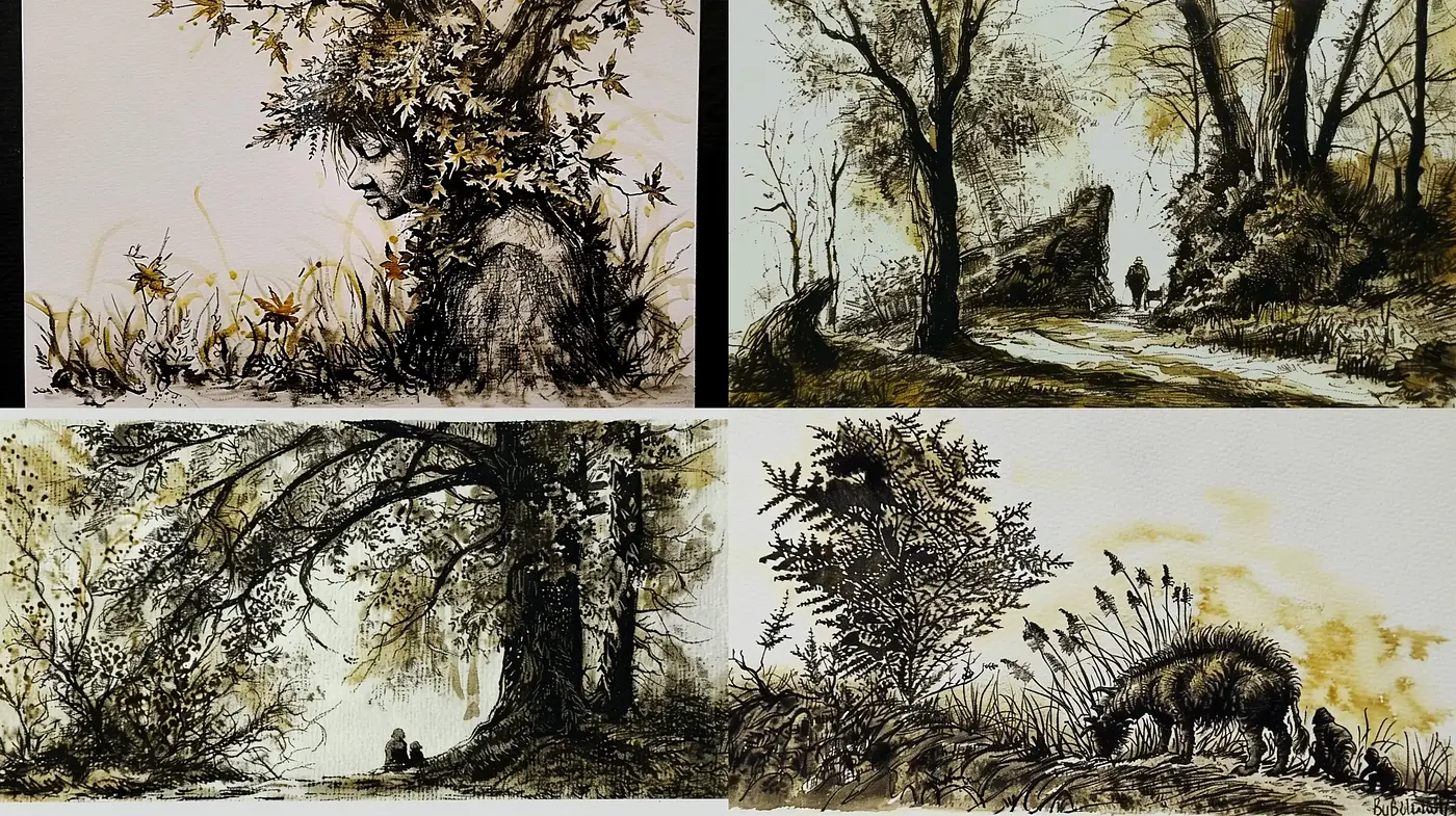 Whimsical Ink-Washed Landscapes with a Monochrome Essence - Midjourney sref style