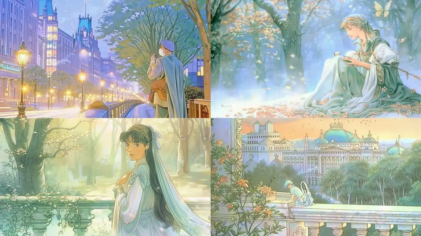 Serene and Whimsical Fantasy Illustrations with Soft Color Tones - Midjourney sref style