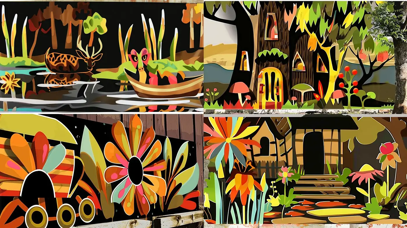 Whimsical Nature Harmony: A Stylized Blossom of Colors and Shapes - Midjourney sref style