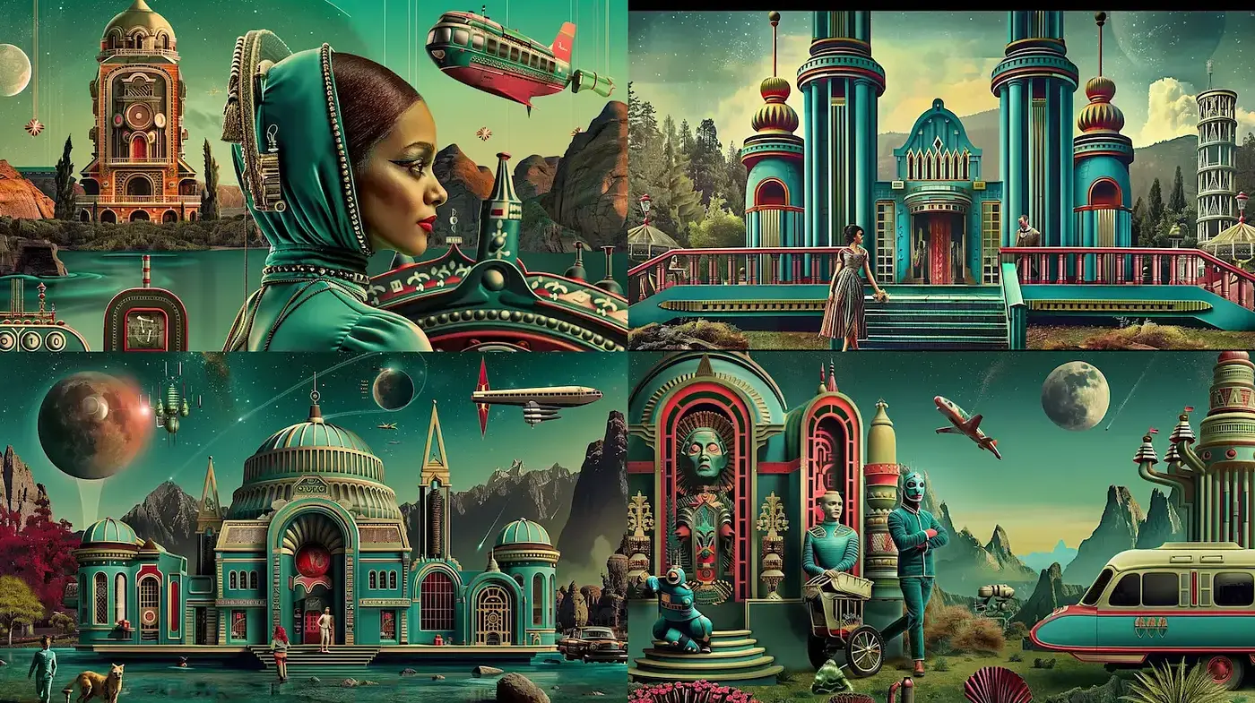 Retro-Futuristic Dreamscape with Art Deco Elegance - Midjourney sref style