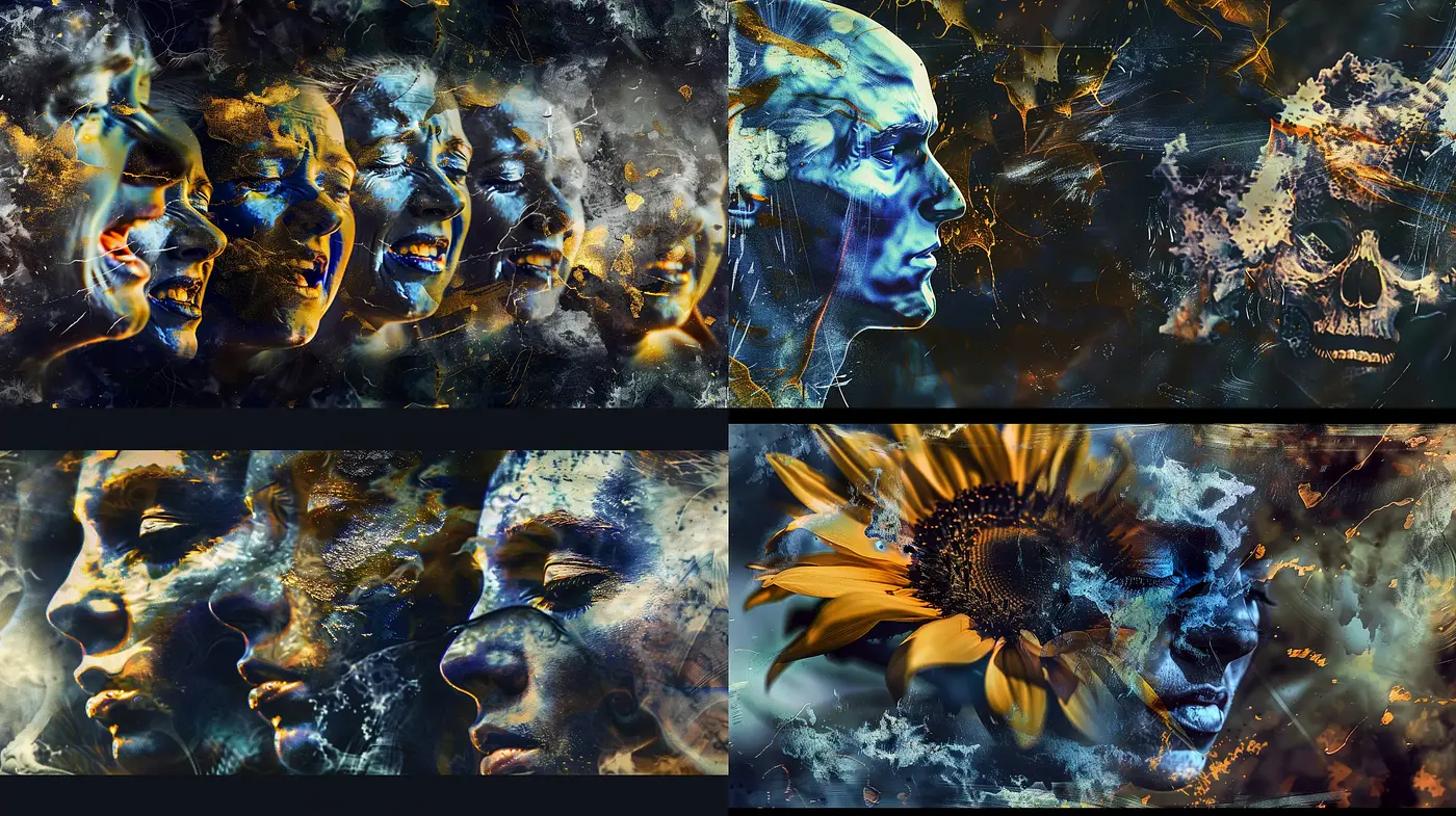 Ethereal Echoes of Visages in Moonlit Hues: A Harmony of Blue and Gold - Midjourney sref style