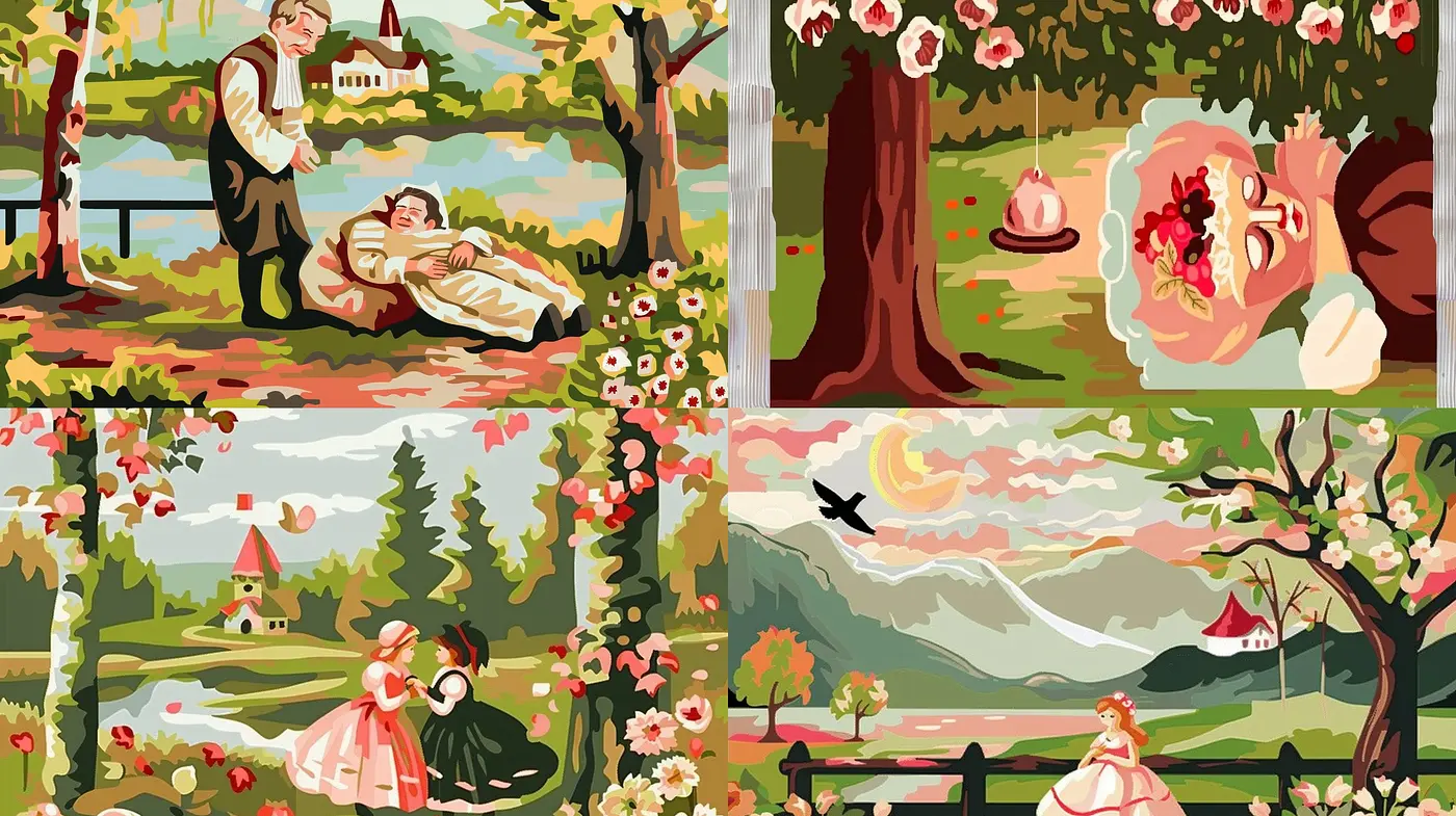 Pastoral Elegance: A Harmonious Fusion of Romantic Era Illustration and Contemporary Digital Artistry - Midjourney sref style