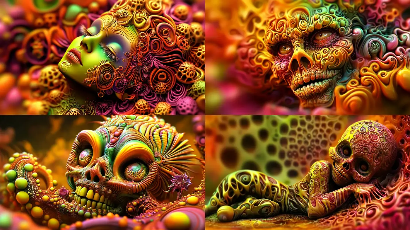 Psychedelic Dreamscape: A Vibrant Fusion of Surreal Patterns and Vivid Hues - Midjourney sref style