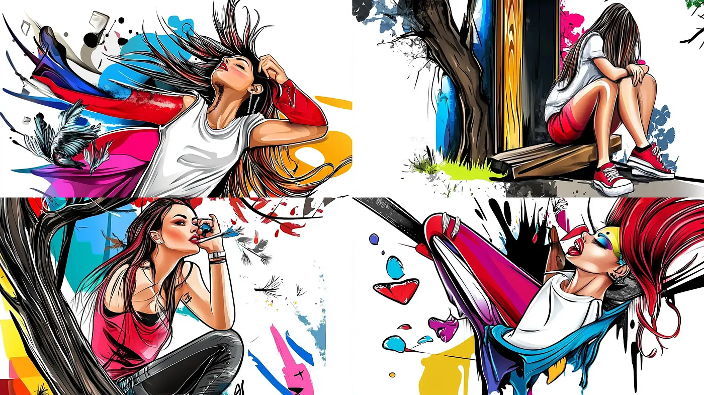 Dynamic Splashes of Color in Expressive Comic Book Artistry - Midjourney sref style
