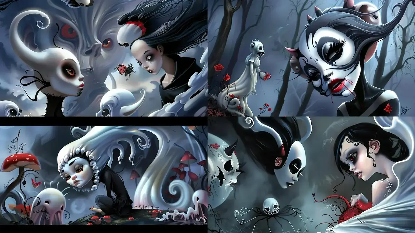 Ethereal and Whimsical Surrealism with Dark Undertones - Midjourney sref style