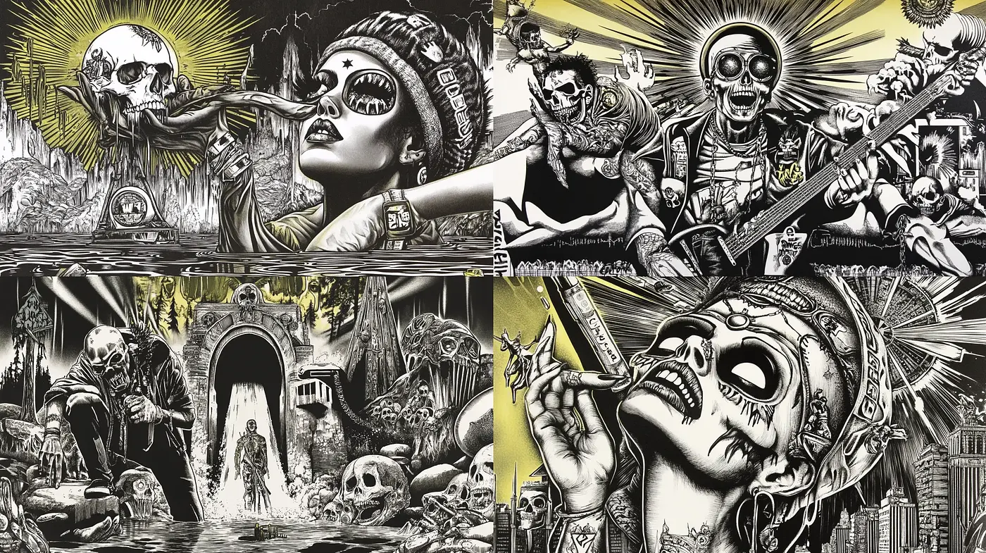 Gothic Revival in Monochrome: A Fusion of Dark Fantasy and Vintage Comic Book Art - Midjourney sref style