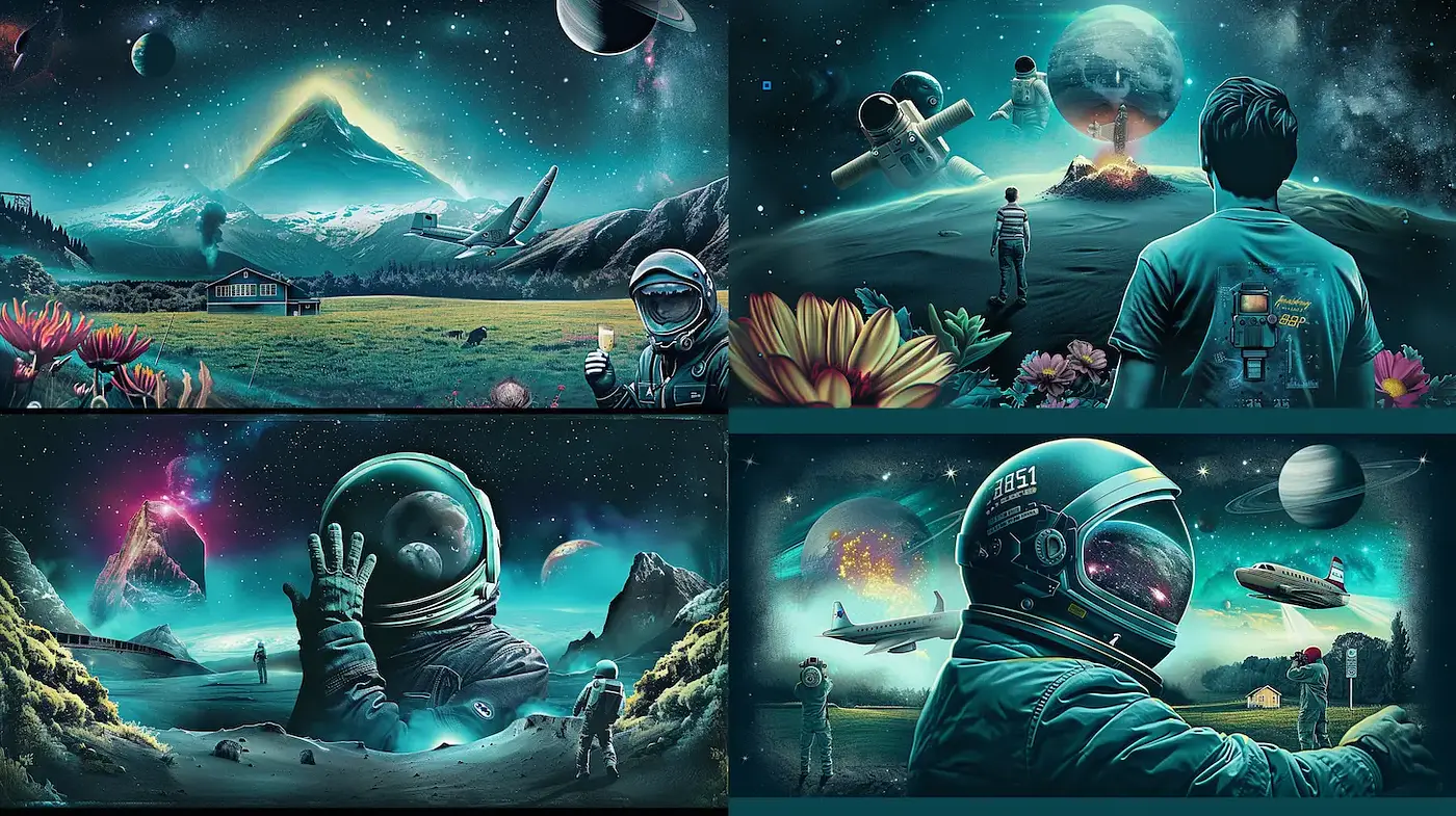 Cosmic Landscapes with Futuristic Elements Melding Nature and Space - Midjourney sref style