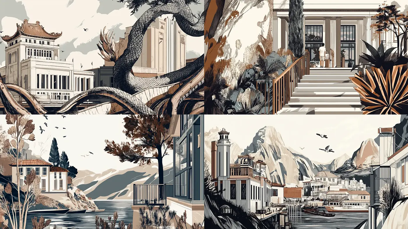 Elegant Vintage Architectural Dreamscapes in Sepia Tones - Midjourney sref style