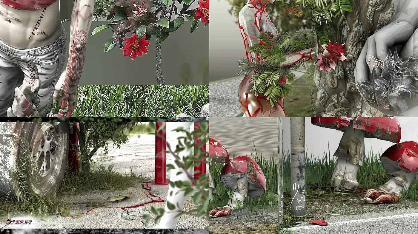 Intricate Floral and Environmental Fusion with Striking Textural Contrast - Midjourney sref style