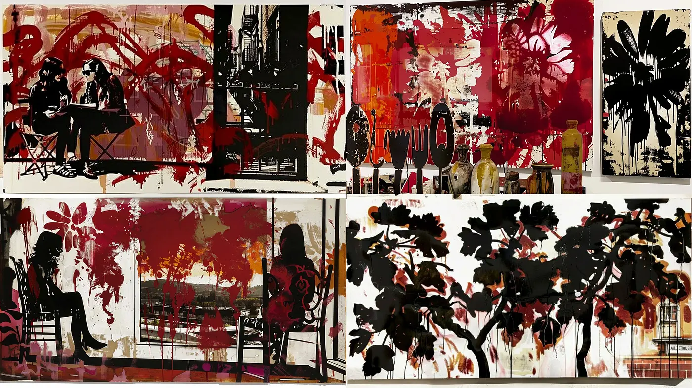 Abstract Expressionist Splatter and Silhouette Fusion - Midjourney sref style