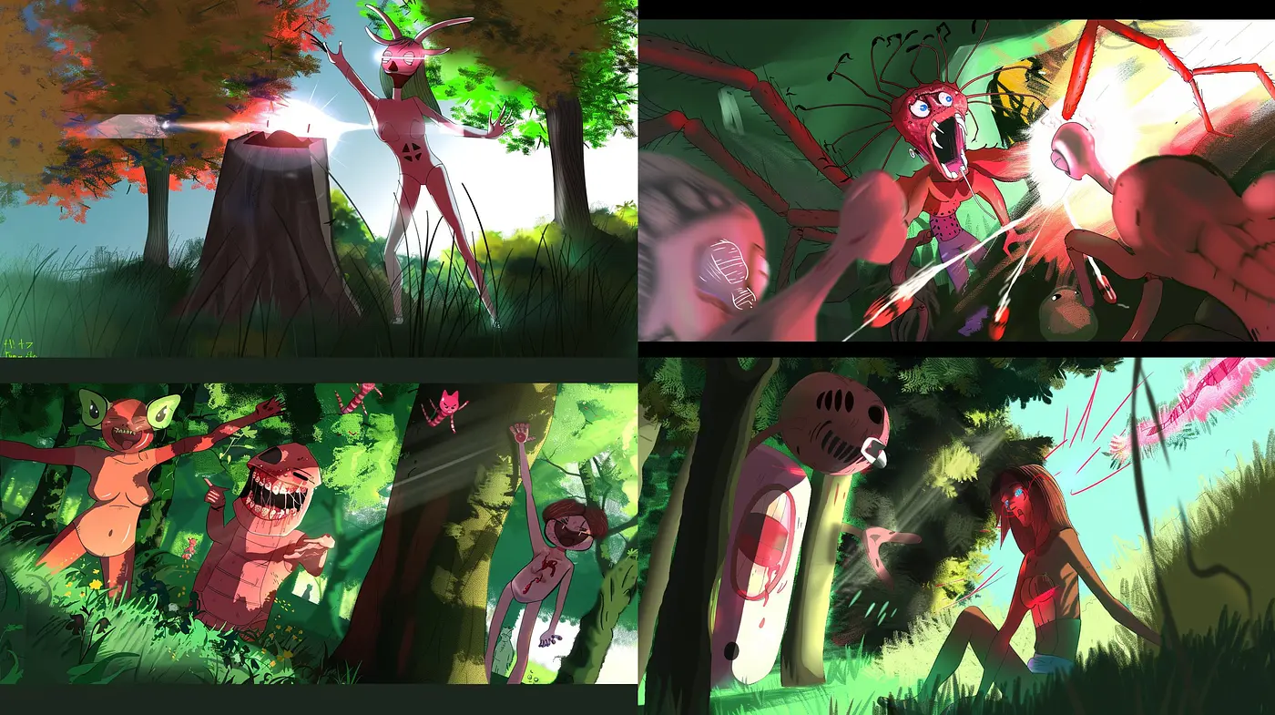 Energetic Fusion of Organic Forms and Surreal Narrative in a Vivid Palette - Midjourney sref style
