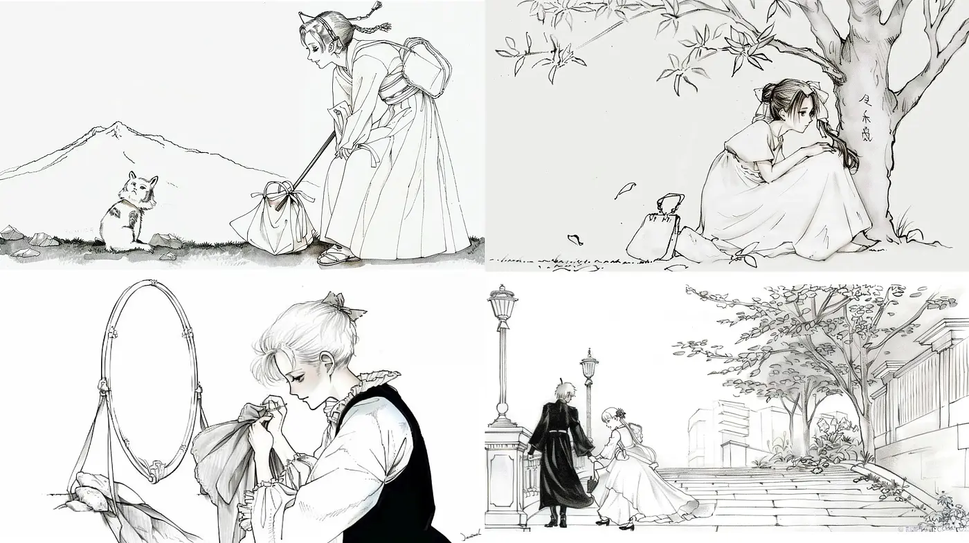 Elegant Monochromatic Sketches with a Touch of Manga Influence - Midjourney sref style