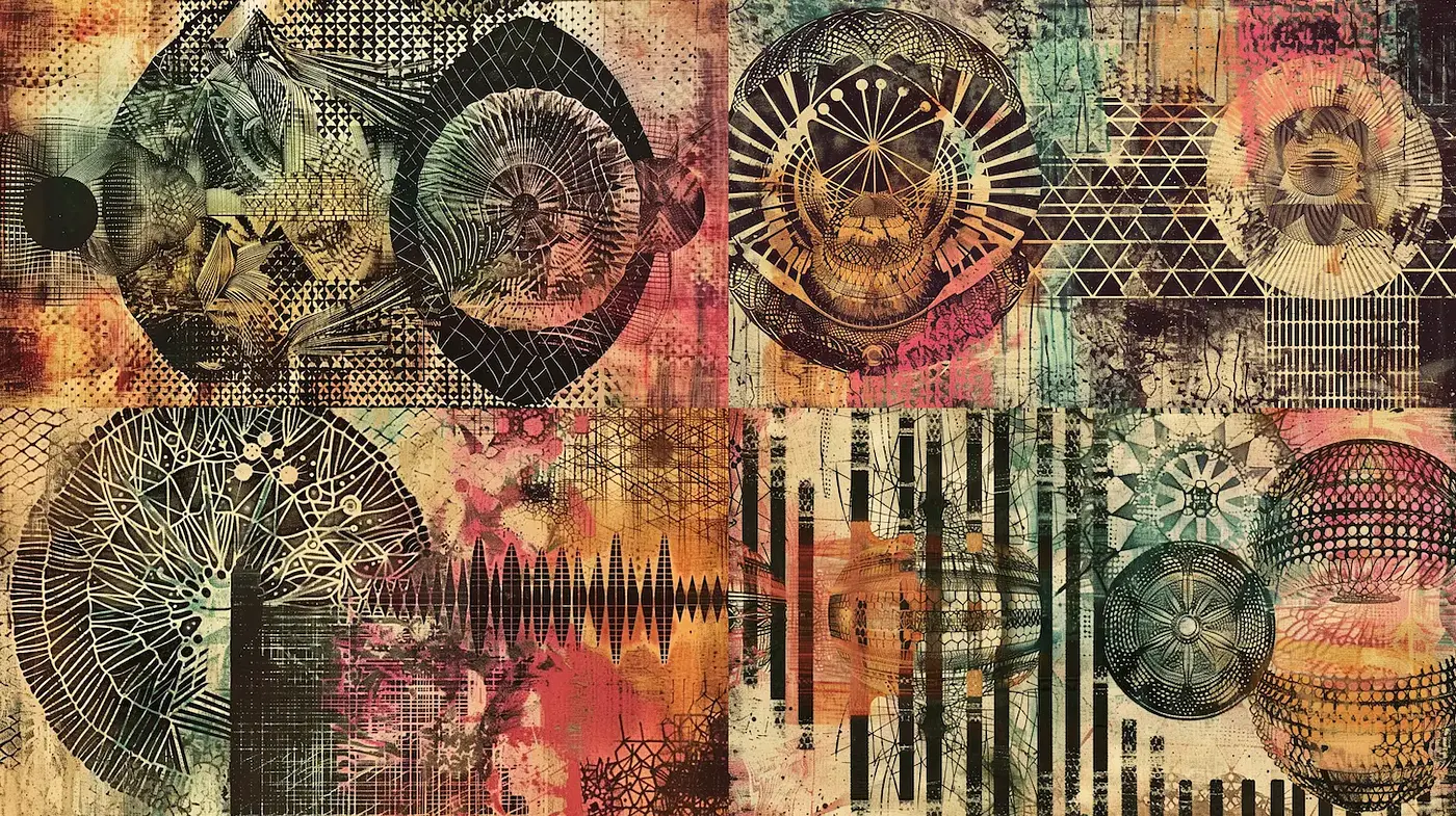 Complex Geometric Abstractions with a Vintage Aesthetic - Midjourney sref style