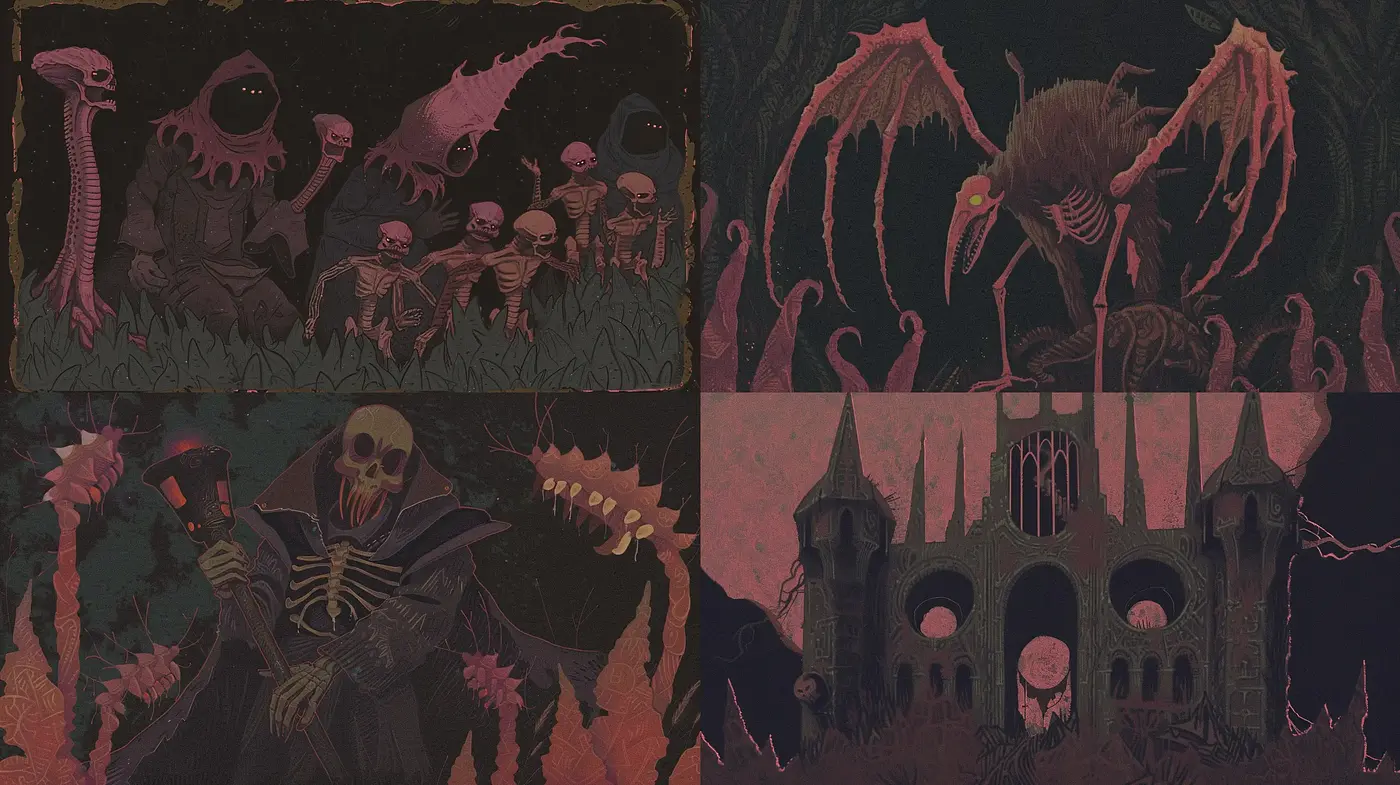 Gothic Fantasia: A Dark Tapestry of Monstrous Elegance - Midjourney sref style