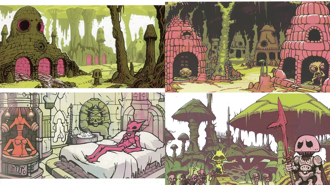 Eccentric Fantasy in Stylized Comic Illustration with Muted Earth Tones and Surreal Elements - Midjourney sref style