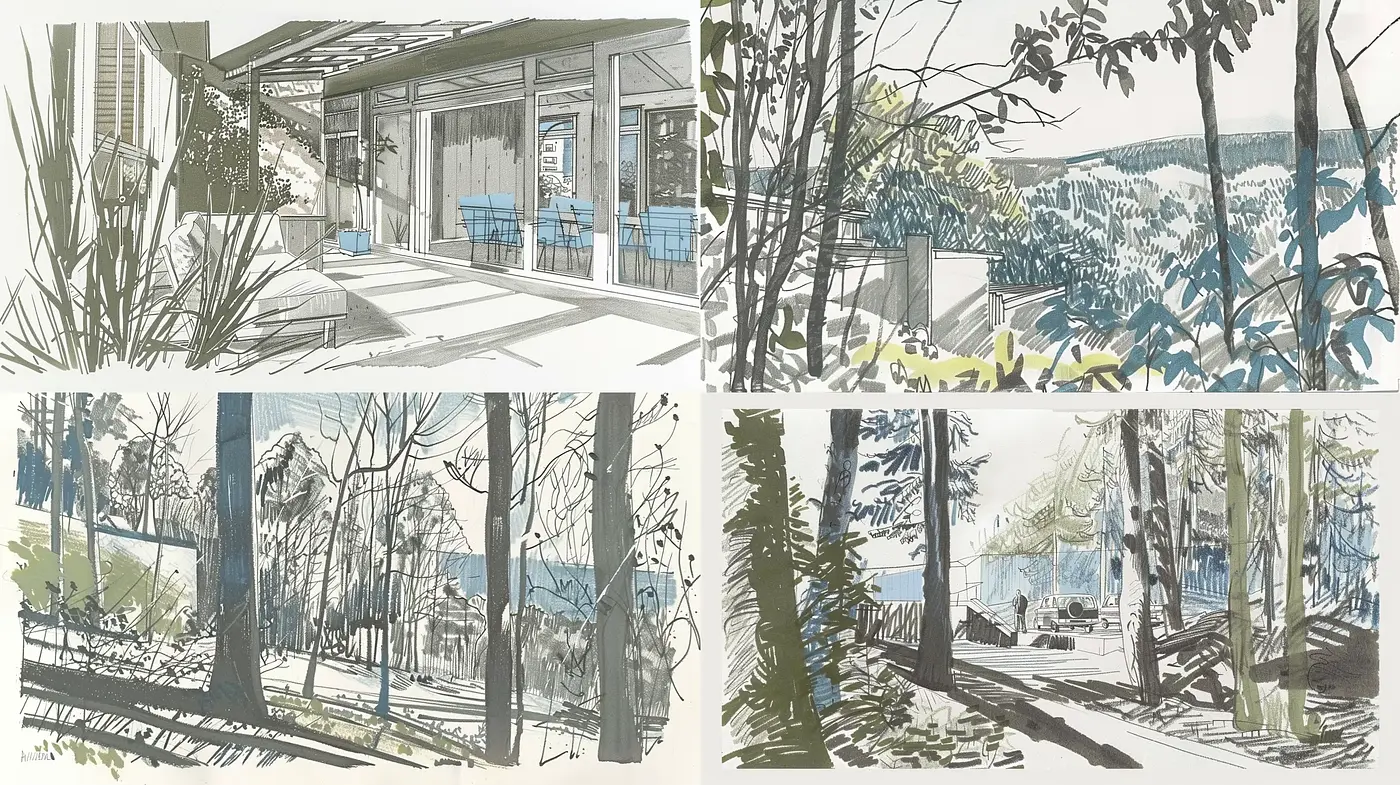 Serene Mid-Century Architectural Illustrations with a Pastel Palette - Midjourney sref style