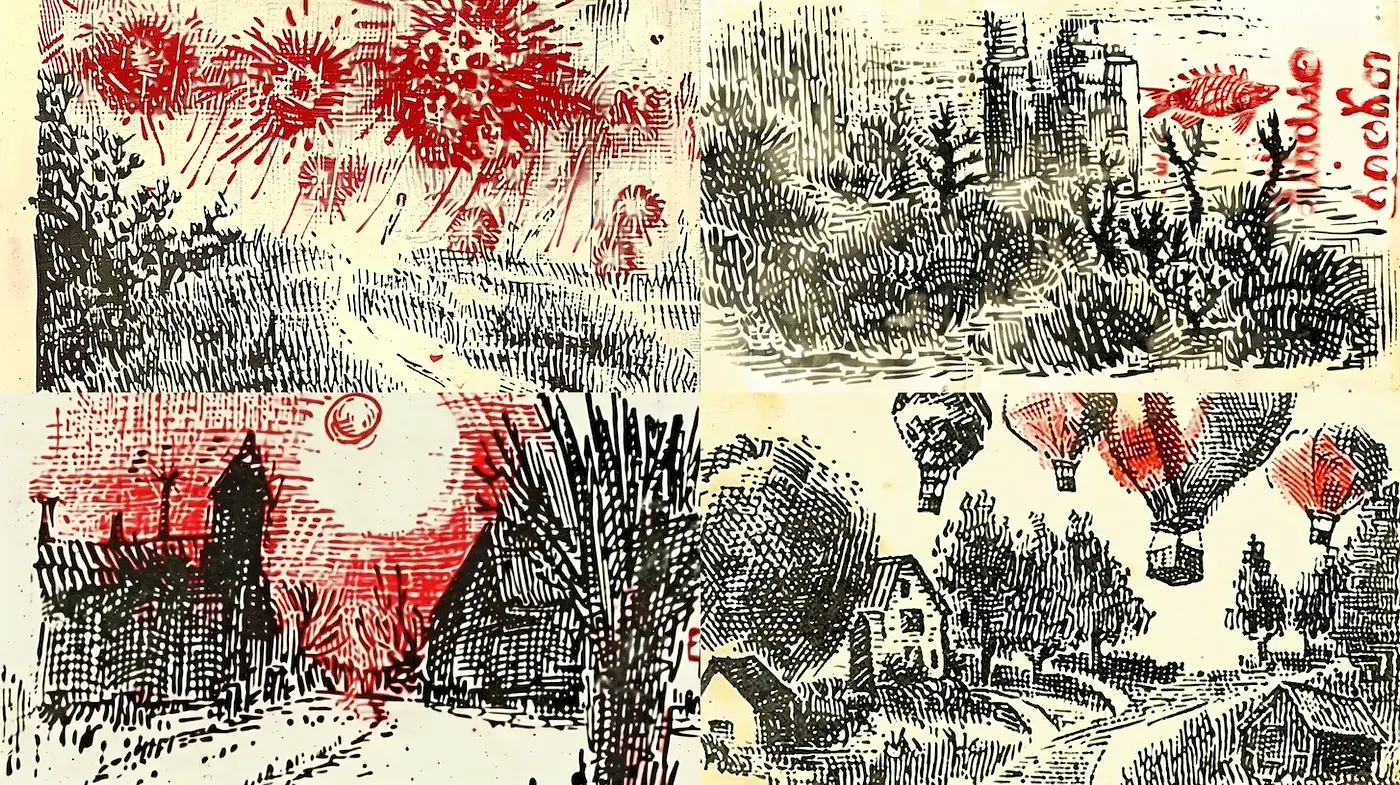 Eclectic vintage illustration featuring ink and watercolor textures - Midjourney sref style