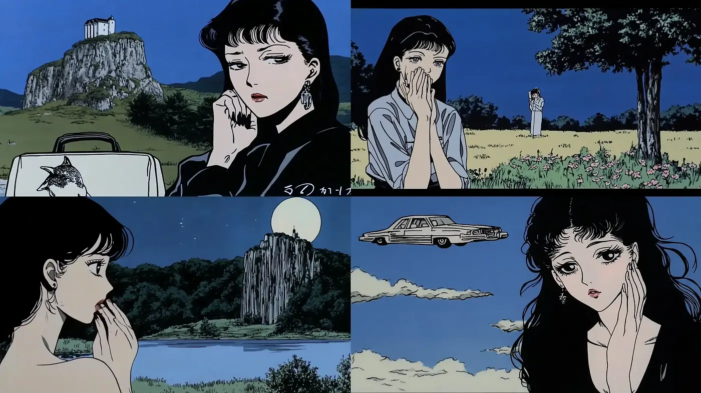 Moody Cinematic Anime Inspirations with Nighttime Hues and Detailed Lineart - Midjourney sref style