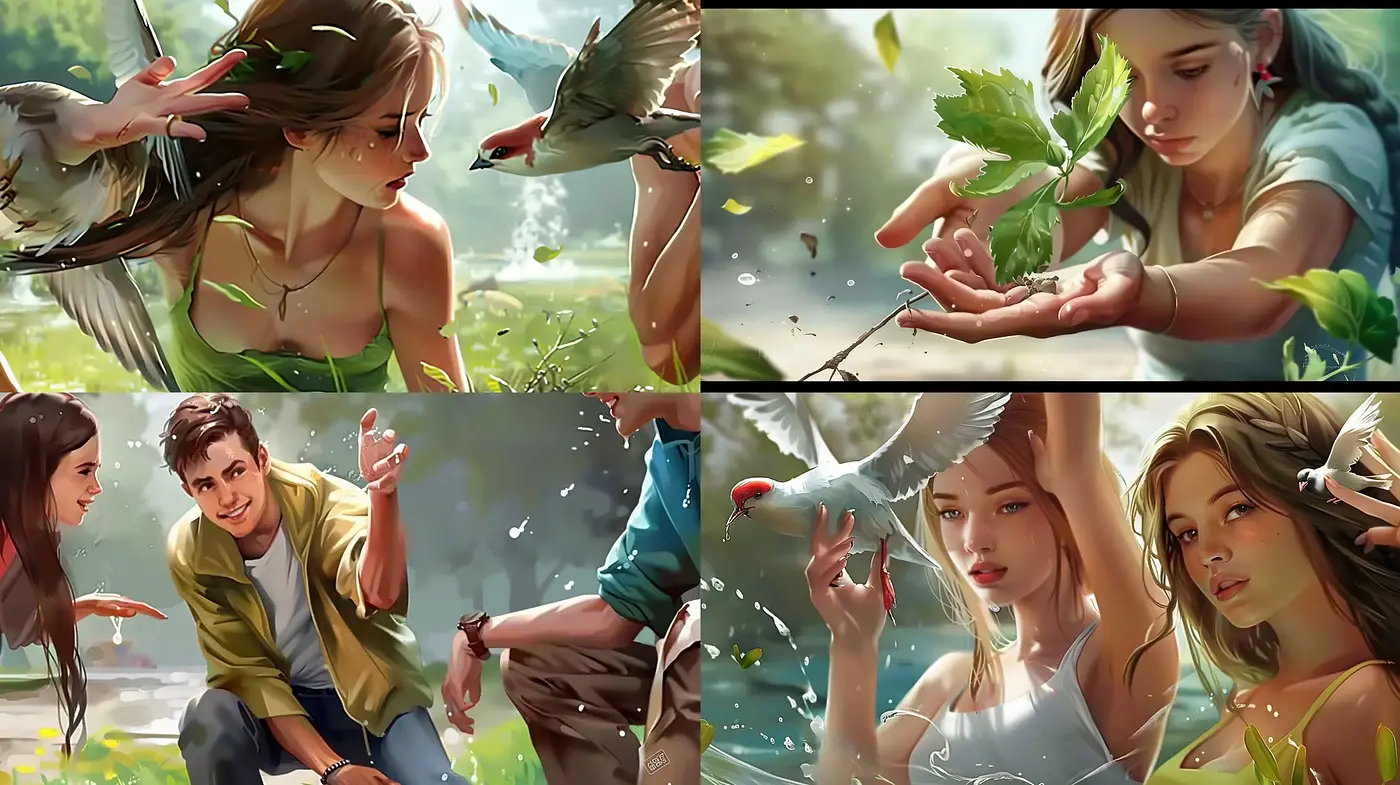 Luminous Whimsy: A Fusion of Nature-Inspired Elements and Serene Human Interactions - Midjourney sref style
