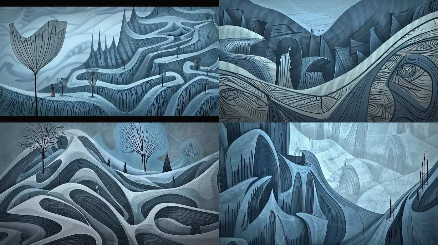 Surrealist Dreamscape in Monochrome Whorls and Waves - Midjourney sref style